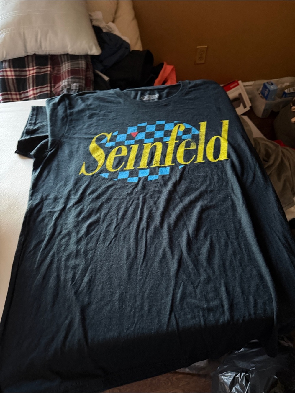 Seinfeld Logo Black Graphic Tee - Yellow & Blue Print